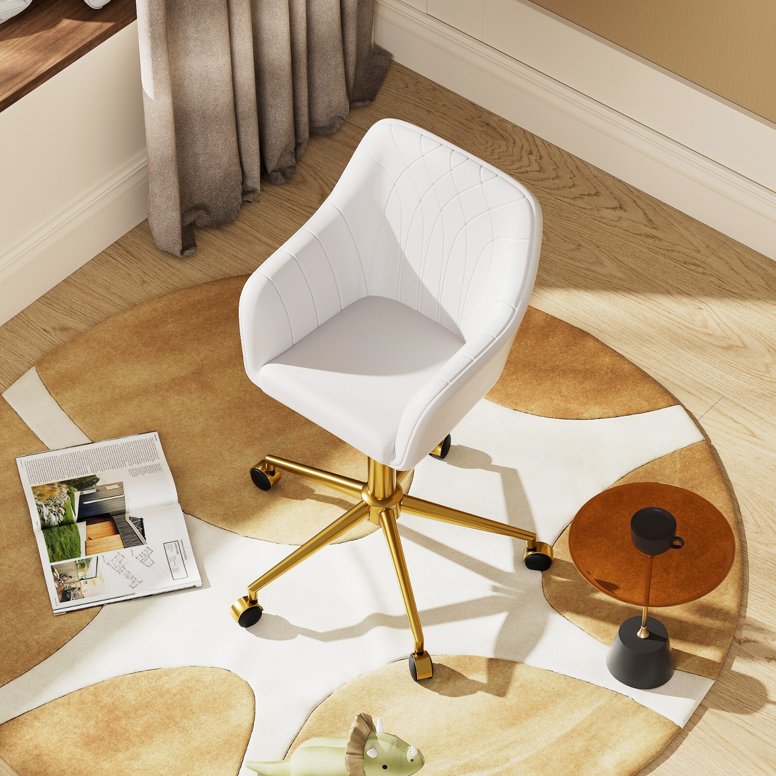 PU Leather Home Office Chair Height Adjustable Stools with Gold Metal Base White