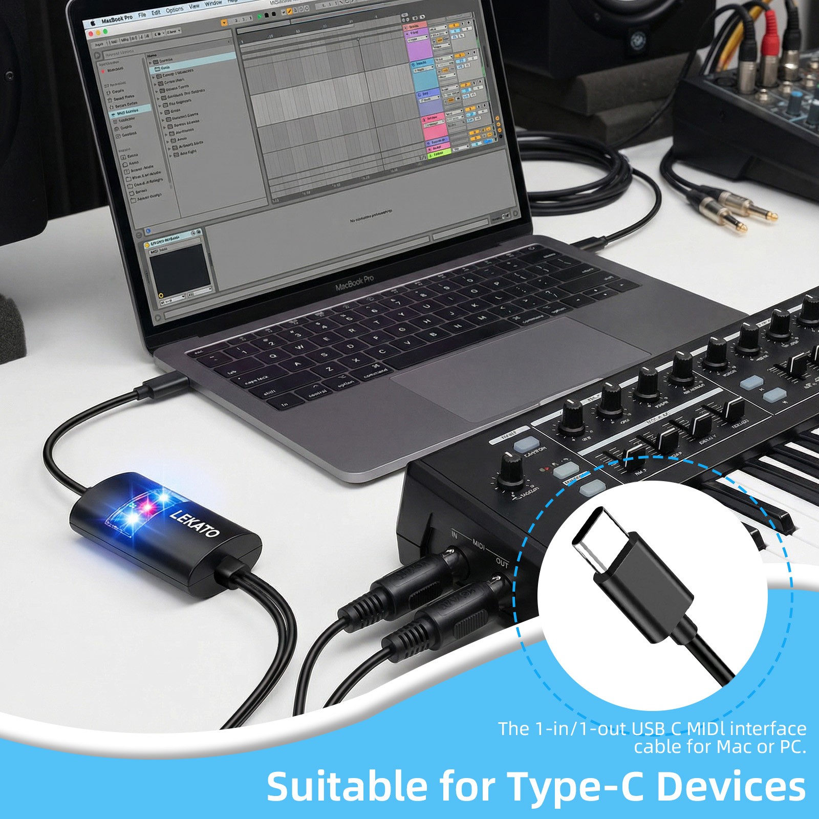 LEKATO USB-C MIDI Cable 6.5ft Professional 16 Channels MIDI In Out Interface