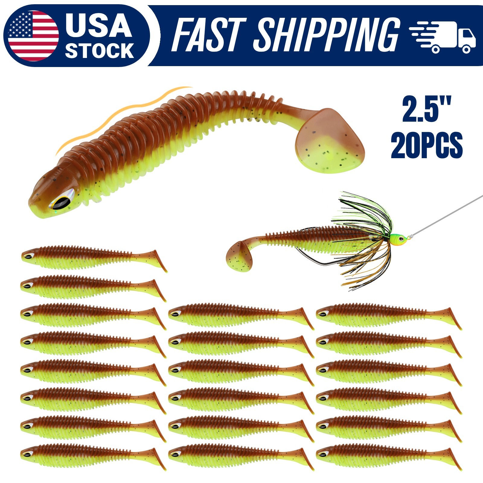 20PCS Paddle Tail Swimbaits 2.5” Soft Plastic Lures Bass Trout Crappie (Green)