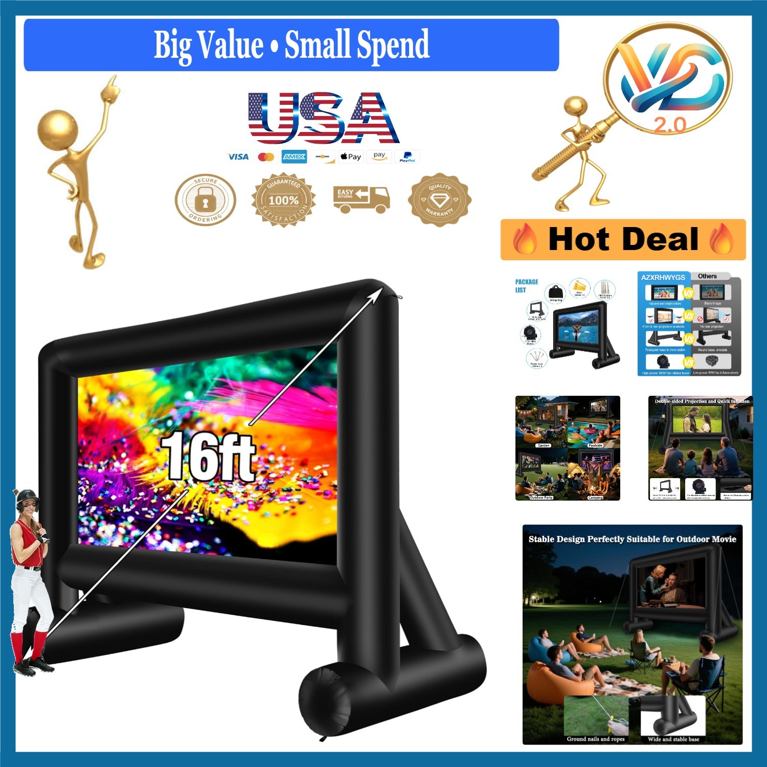 Inflatable Outdoor Movie Screen 16ft with Blower Reel Bag for Backyard & Pool...