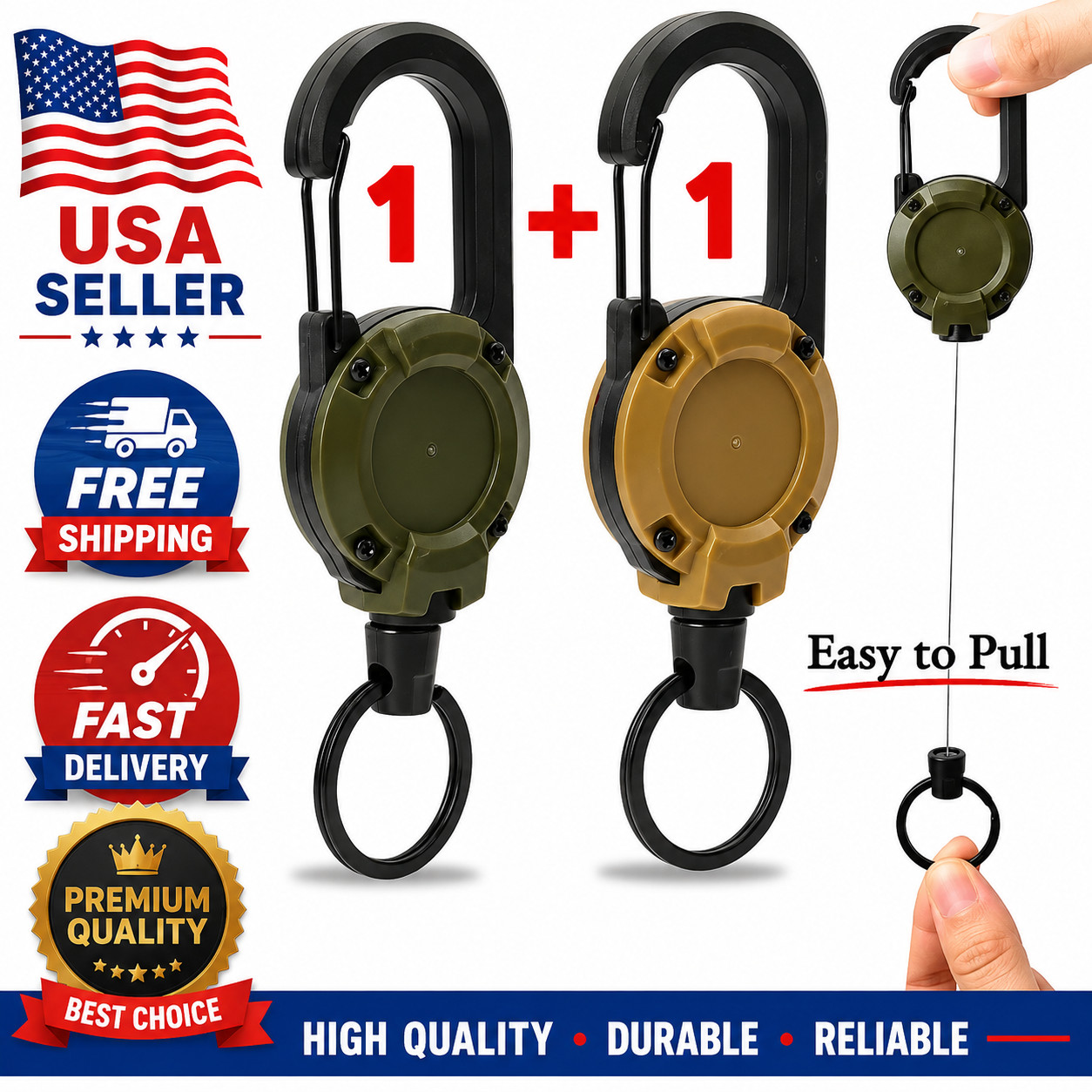 2Pcs Retractable Heavy Duty Keychain Carabiner Car Key Chain with Badge Holder