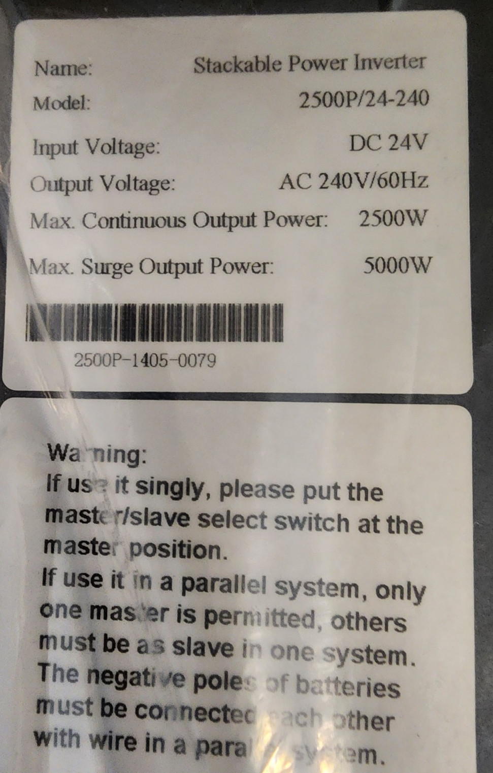 2500 Watt, 24 VDC input , Non-Standard 240 VAC output , Stackable Inverter