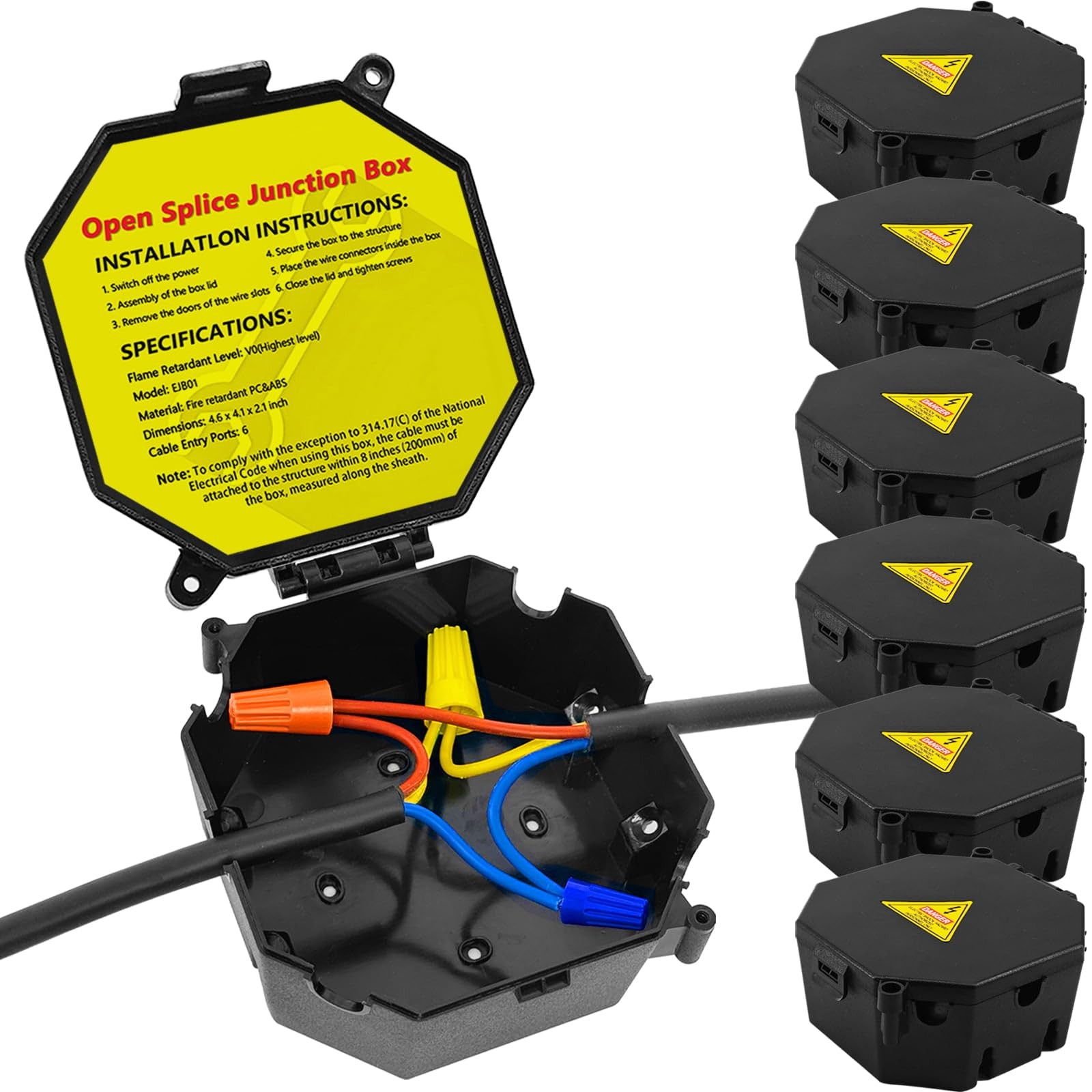 Black Open Splice Junction Box (6 Pack), Splice Box Wire Electrical Junction ...