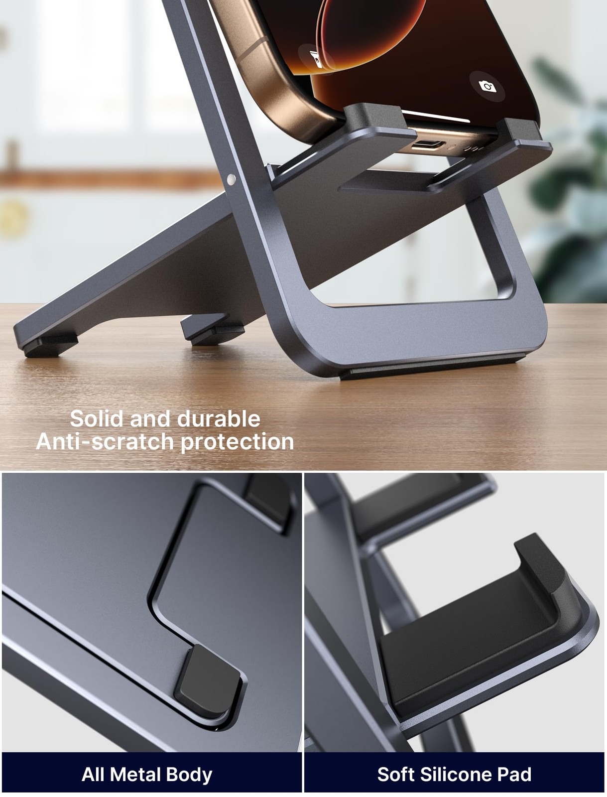 JSAUX Fold-Flat Cell Phone Stand, Adjustable Desk Holder-Gray 1-PACK, Grey