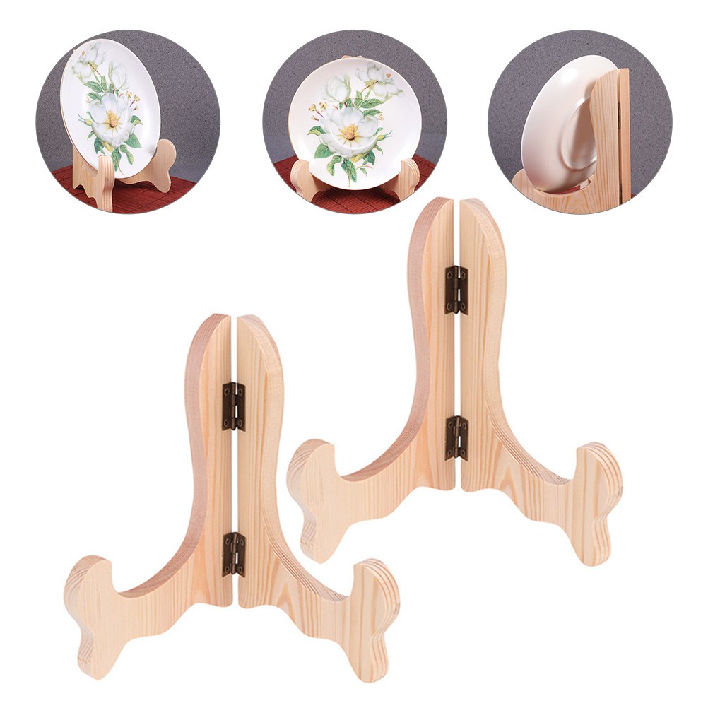 2Pcs Reusable Wooden Book and Plate Display Stands Light Brown Decor