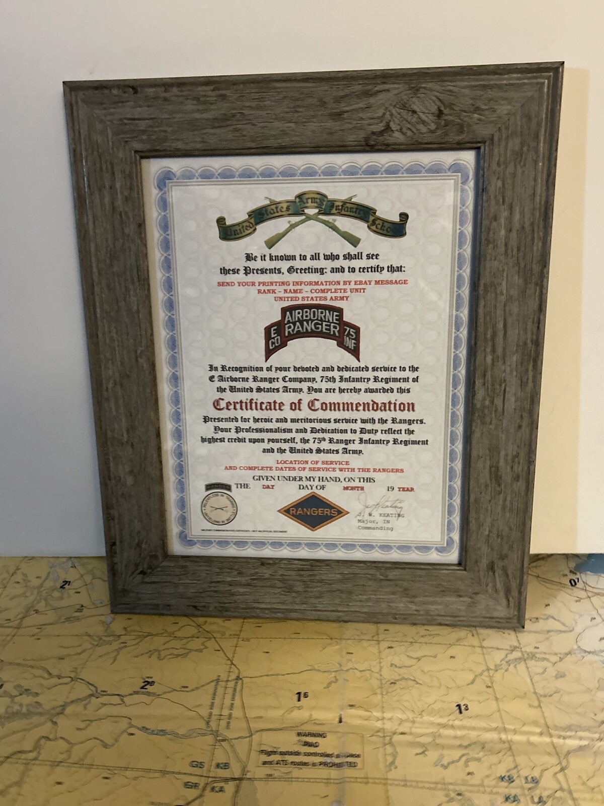 U.S. ARMY RANGER - E CO / 75 INFANTRY COMMENDATION CERTIFICATE (COMMEMORATIVE)