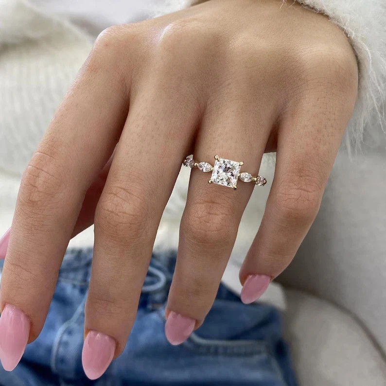 White Moissanite 2.10 Ct Princess Cut Prong Engagement Ring 14K Yellow Gold FN