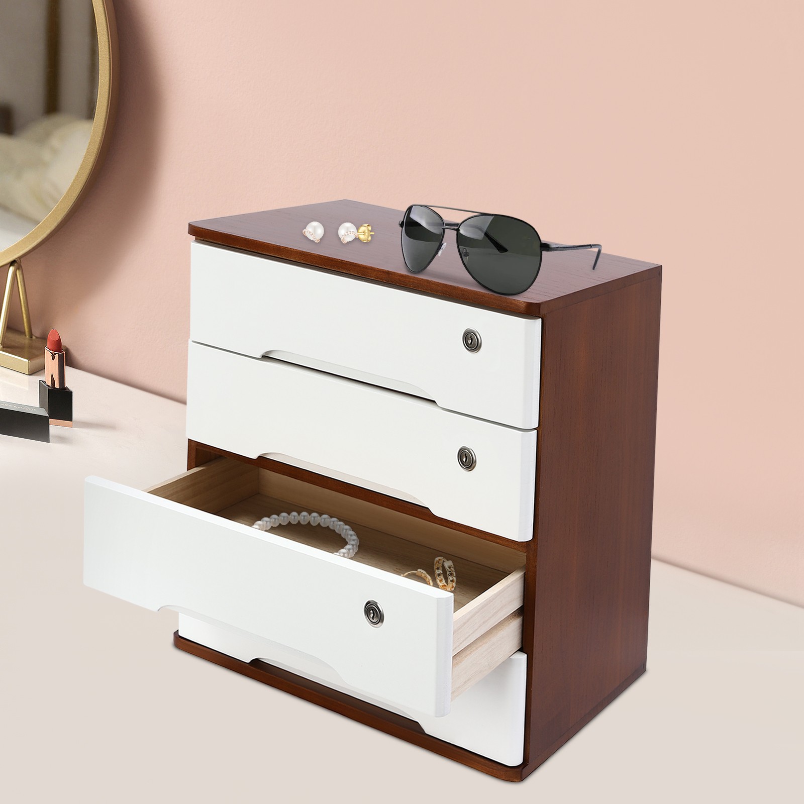 Wooden 4-Tier Desktop Storage Cabinet with Lockable Drawers - 15.75" x 11"