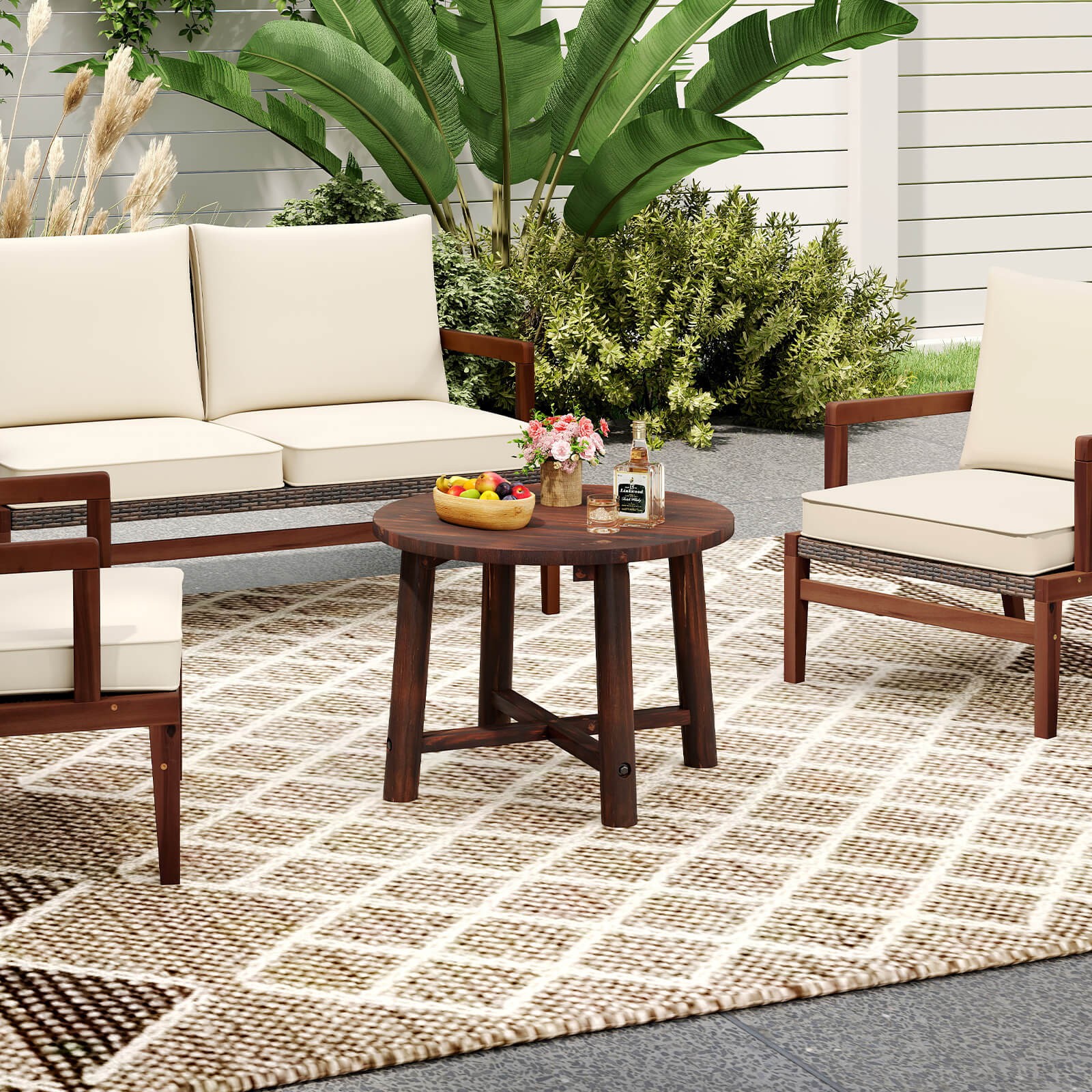 Outdoor Side Table w/ Solid Wood Structure Small Round Coffee Table for Garden