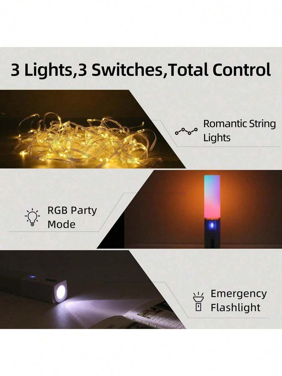 NEW Upgraded 4-In-1 Rechargeable Camping String Lights With Hook, Colorful Glow