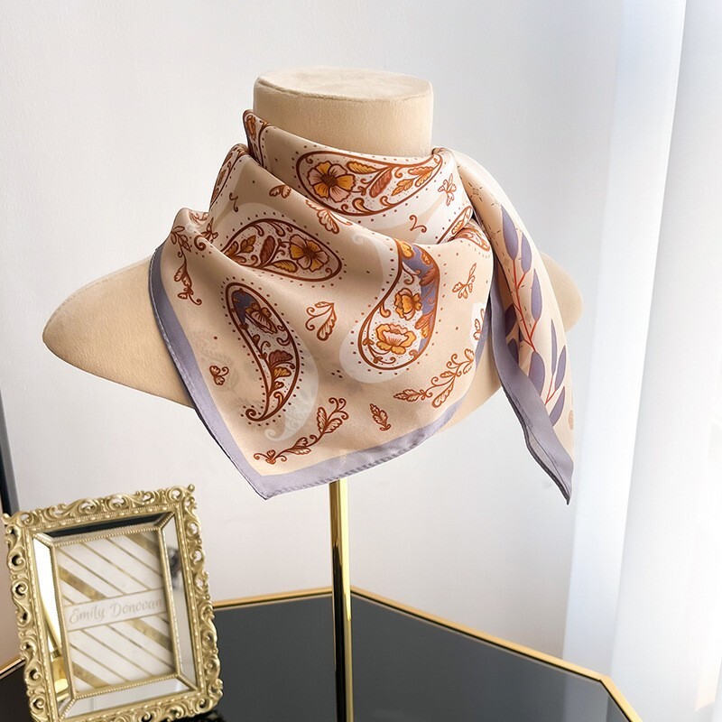 100% Silk Scarf Women Vintage Beige Paisley Kerchief Square Bandana Wrap 68*68cm