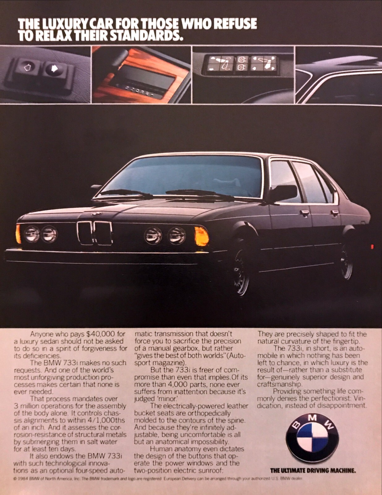 1984 BMW 733i Luxury Sedan photo "For the Perfectionist" vintage print ad