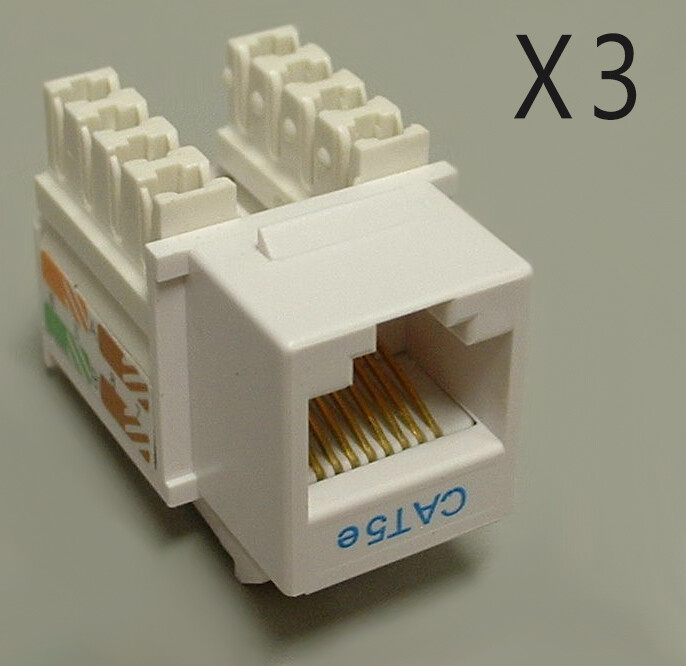 3 Pack Lot - CAT5e Keystone RJ45 110 Punch Down Keystone Snap-In Jack - White