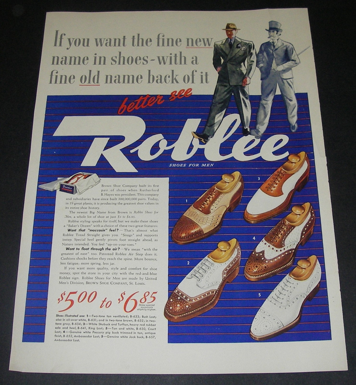 Print Ad 1940 Roblee Shoes FOOTWEAR Men's ART 5 Style Fashion Gentlemen Walking.