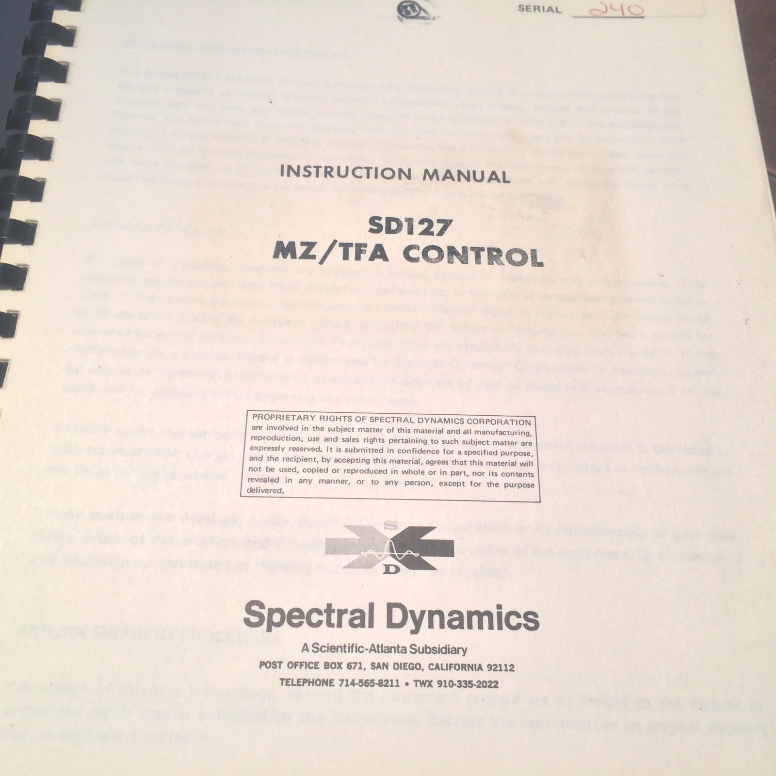 Spectral Dynamics SD127 MZ/TFA Control Service & Ops Manual