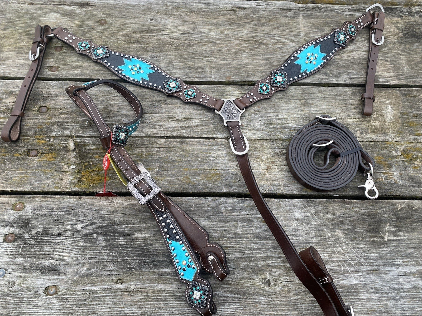 Showman brown Western breast collar/headstall set w/teal & black Aztec accents