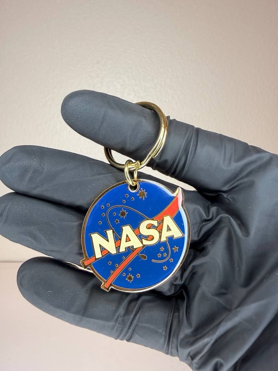 Vintage NASA Logo Keychain Gold Tone Metal NOS Sealed Space Collectible