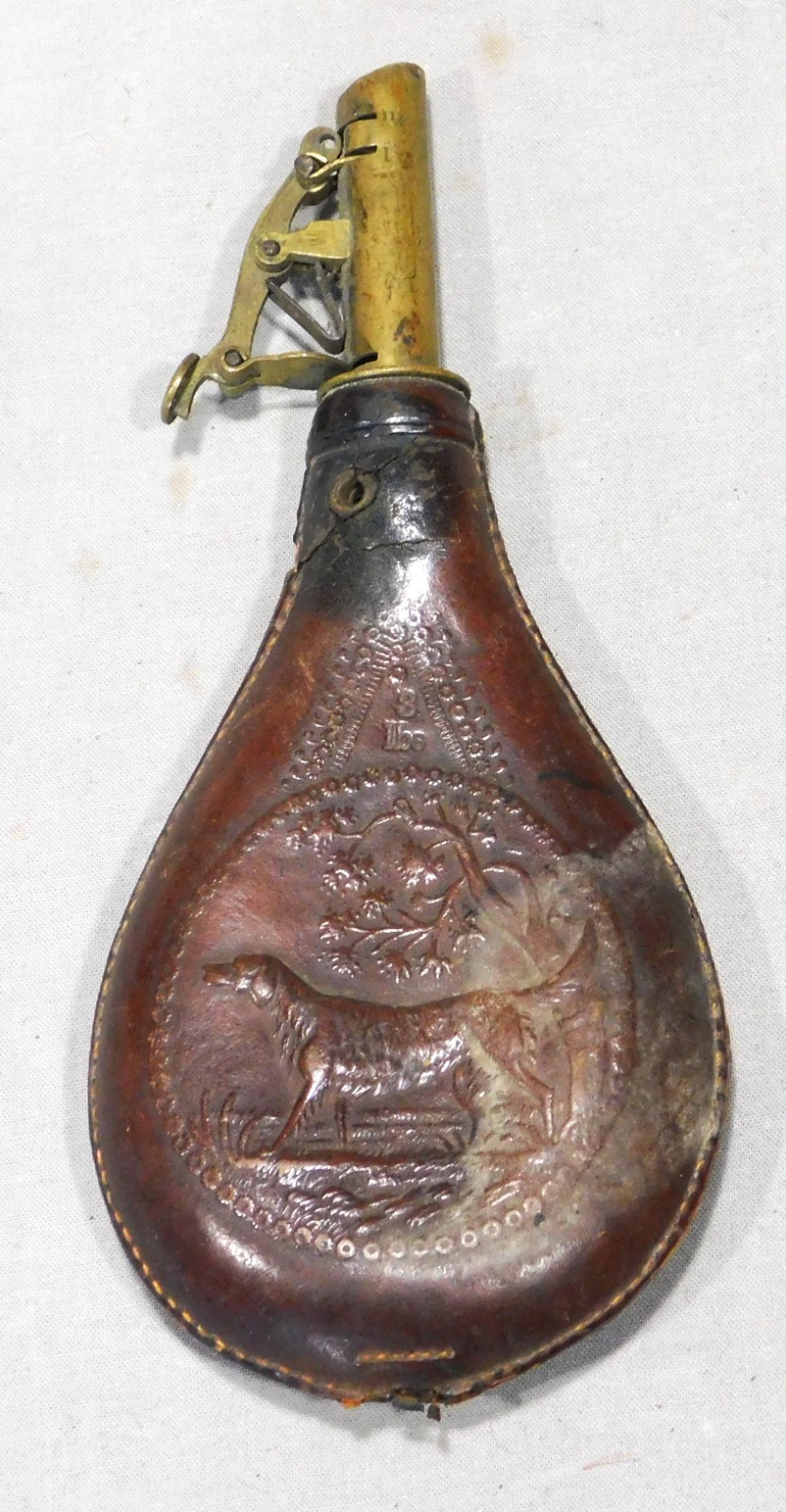 American Flask & Cap Co Sporting Powder Flask Hunting Dog Leather Embossed c1860