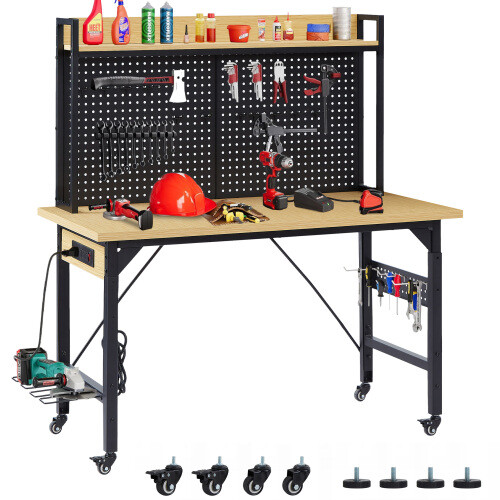 48"Heavy-Duty Adjustable Workbench w/Pegboard & Power Outlets Work Bench Rolling