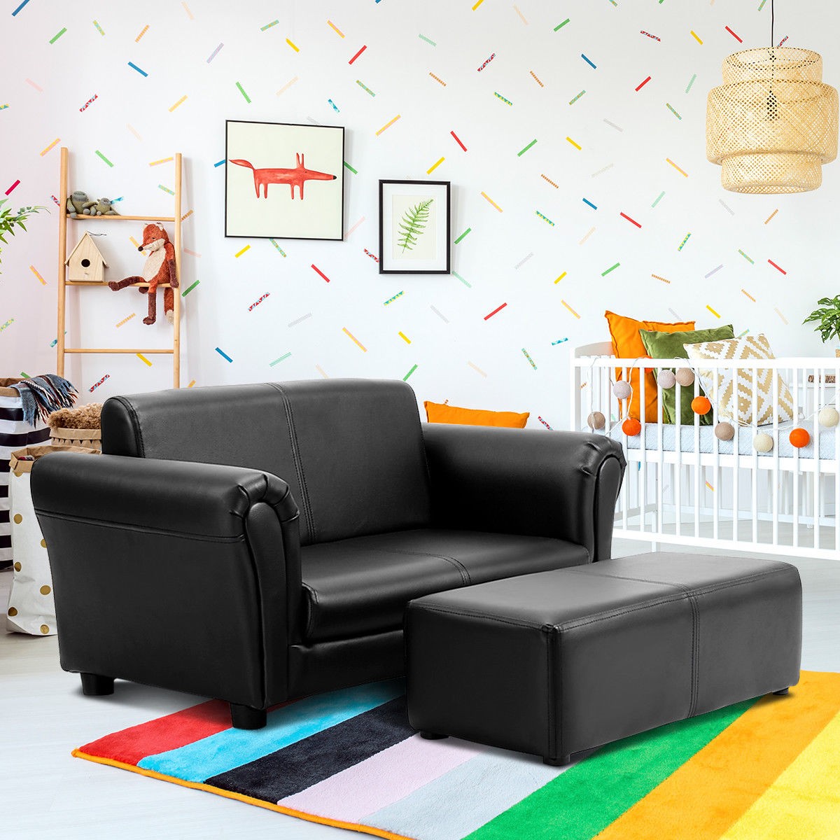 Black Kids Sofa Armrest Chair Couch Lounge Children Birthday Gift w/ Ottoman