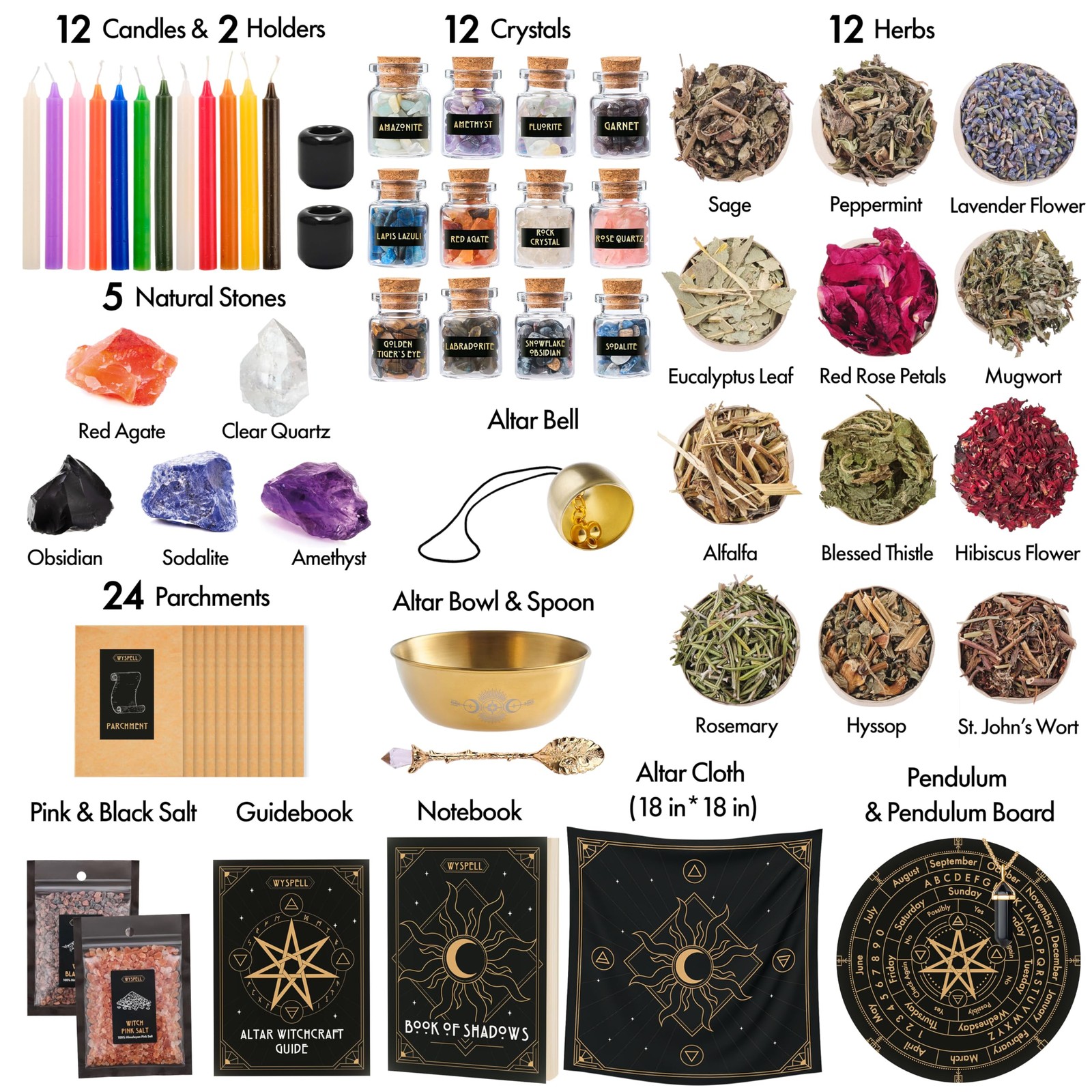 Wyspell Large Witchcraft Kit 77 PCS - 77PCS Altar Kit, Multicolor