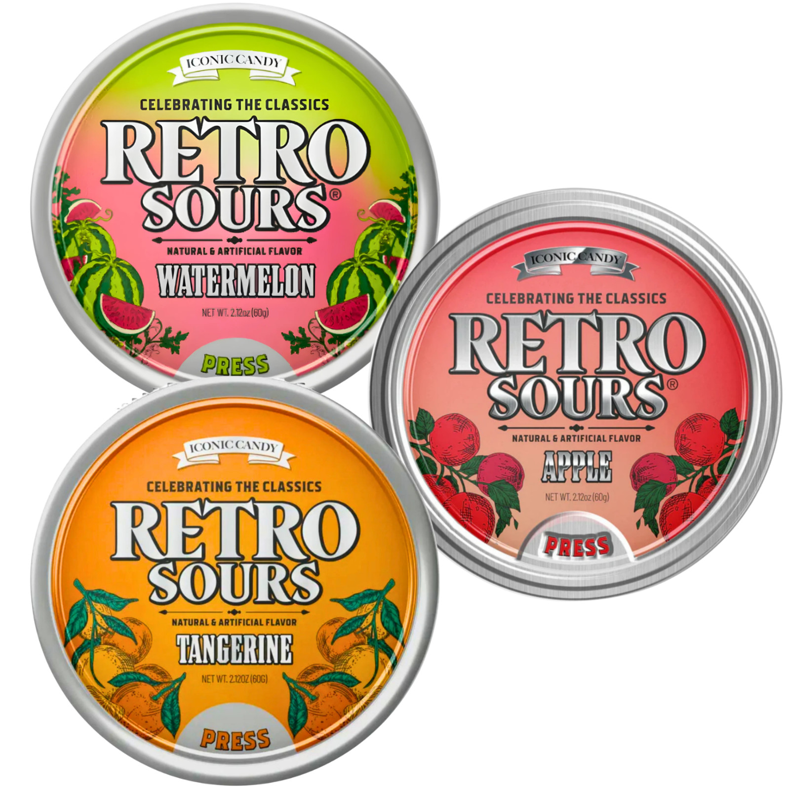 Retro Sours Candy Tin 3 Pack Watermelon Apple Tangerine