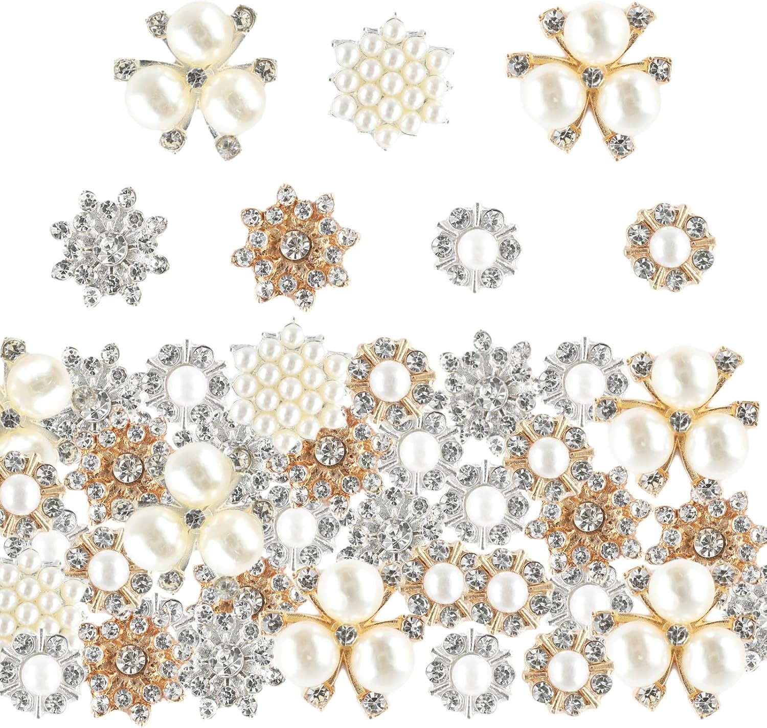 LOGJAM 70 Pcs Rhinestone Buttons Faux Pearl 11-20mm, White,Black