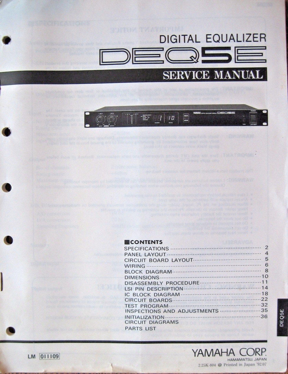 Yamaha DEQ5E Digital Graphic Equalizer Service Manual, Schematics & Parts List