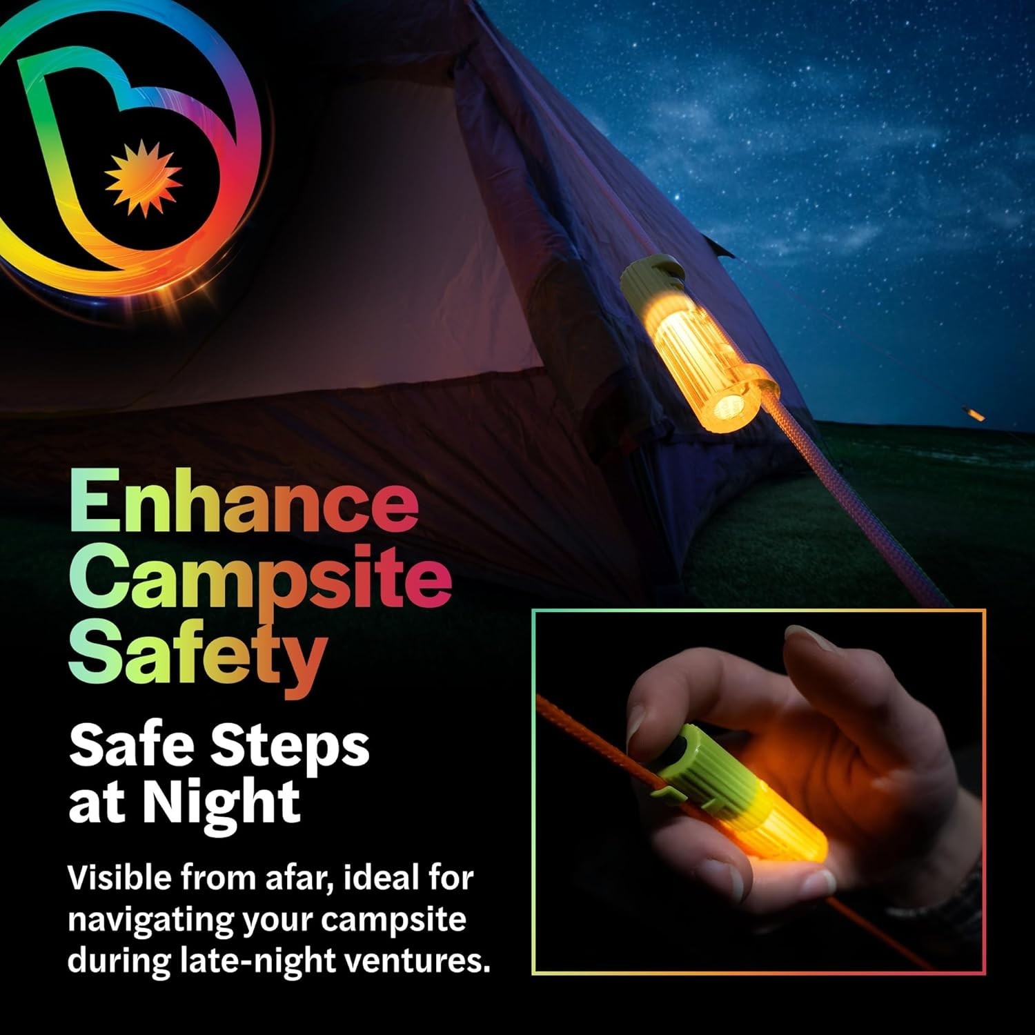 Brightz LED Tent String Lights - Keep Tent Guy-Lines Visible at Night - Campsite