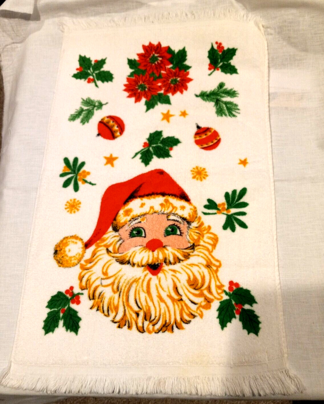 Santa Holly Ornament Towel VTG Cannon USA Soft Bright Unused Cotton 15"x25" VGC