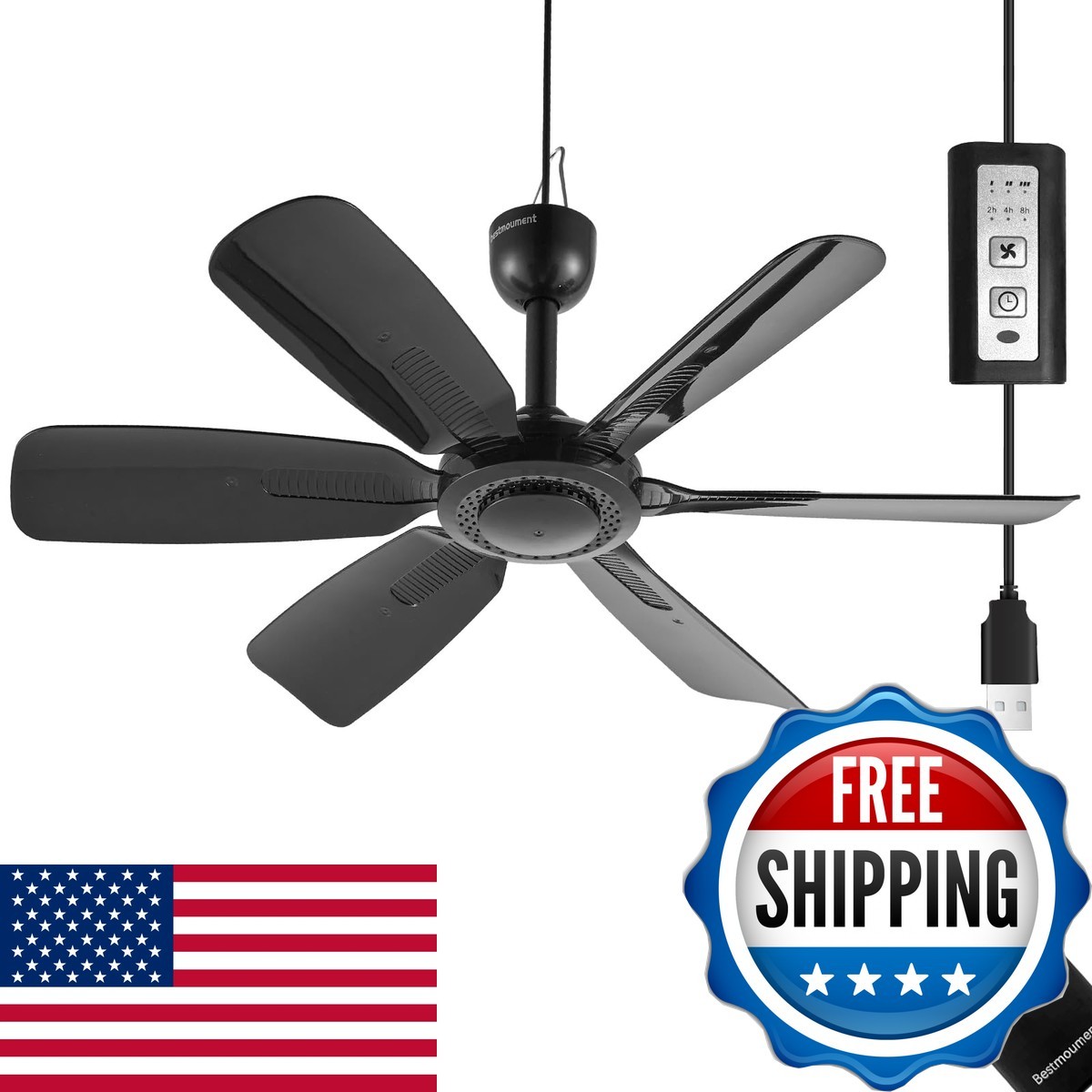 bestmoument 17.7" Portable Ceiling Fan Remote Control 3 Speed 6 Blades Black