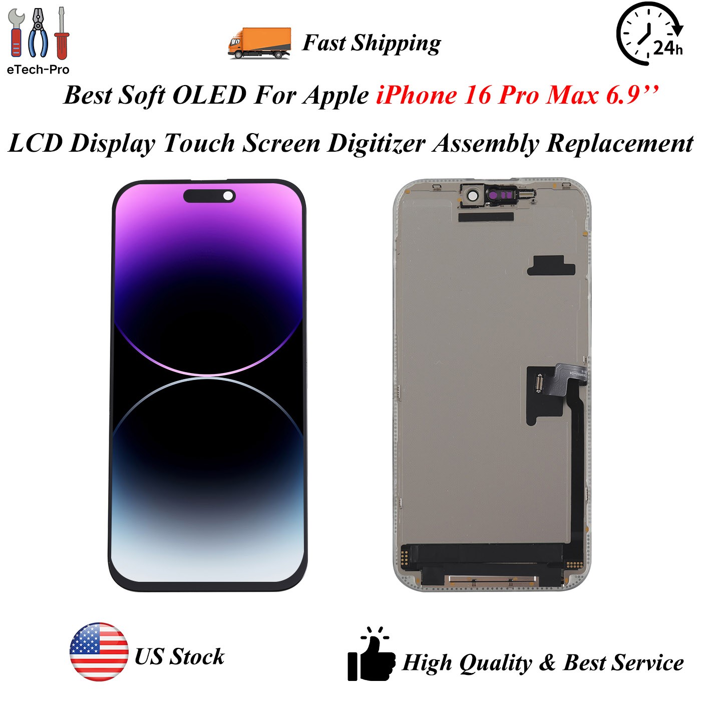 Soft OLED For Apple iPhone 16 Pro Max 6.9in LCD Display Touch Screen Replacement