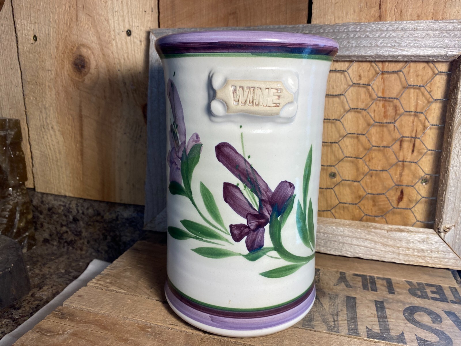 PNW Studio Purple Floral Wine Bottle Chiller Signed Salibury WA State