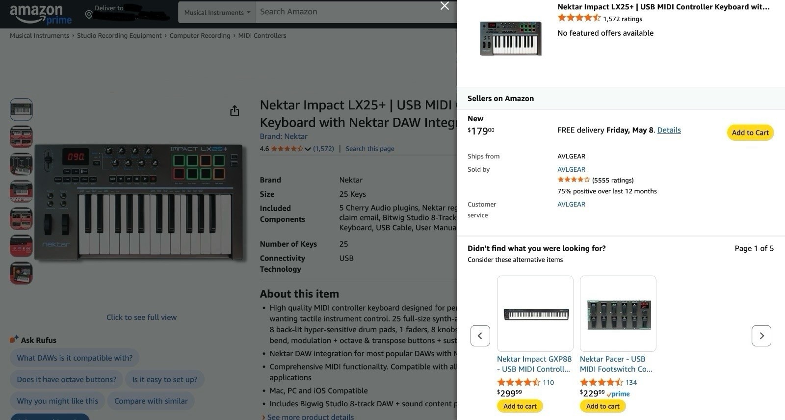 Nektar Impact LX25+ USB MIDI Keyboard Controller, 25 Synth Keys, Pad Triggers