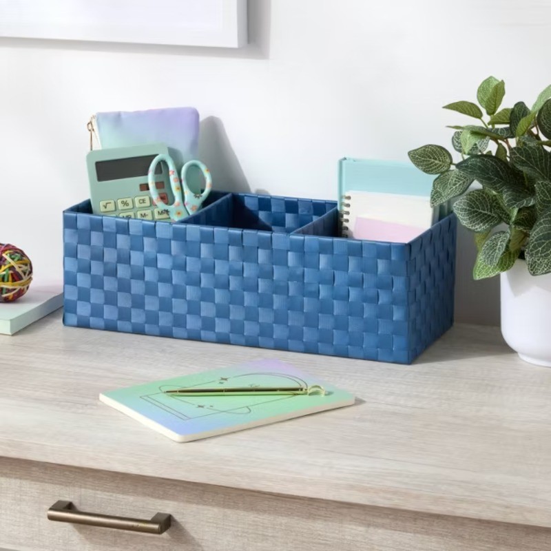 Woven Plastic 3 Compartment Bin Navy