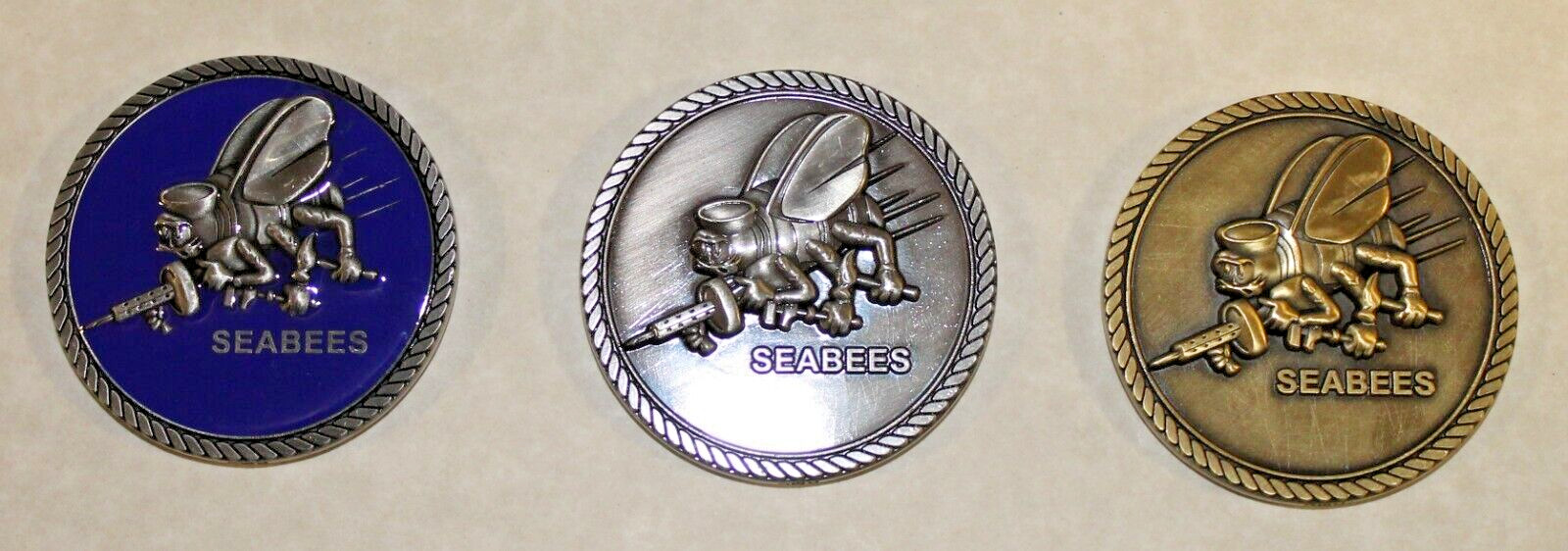 Lot of 3, Seabee Construction Battalion Rates CB Blue Enamel Navy Challenge Coin