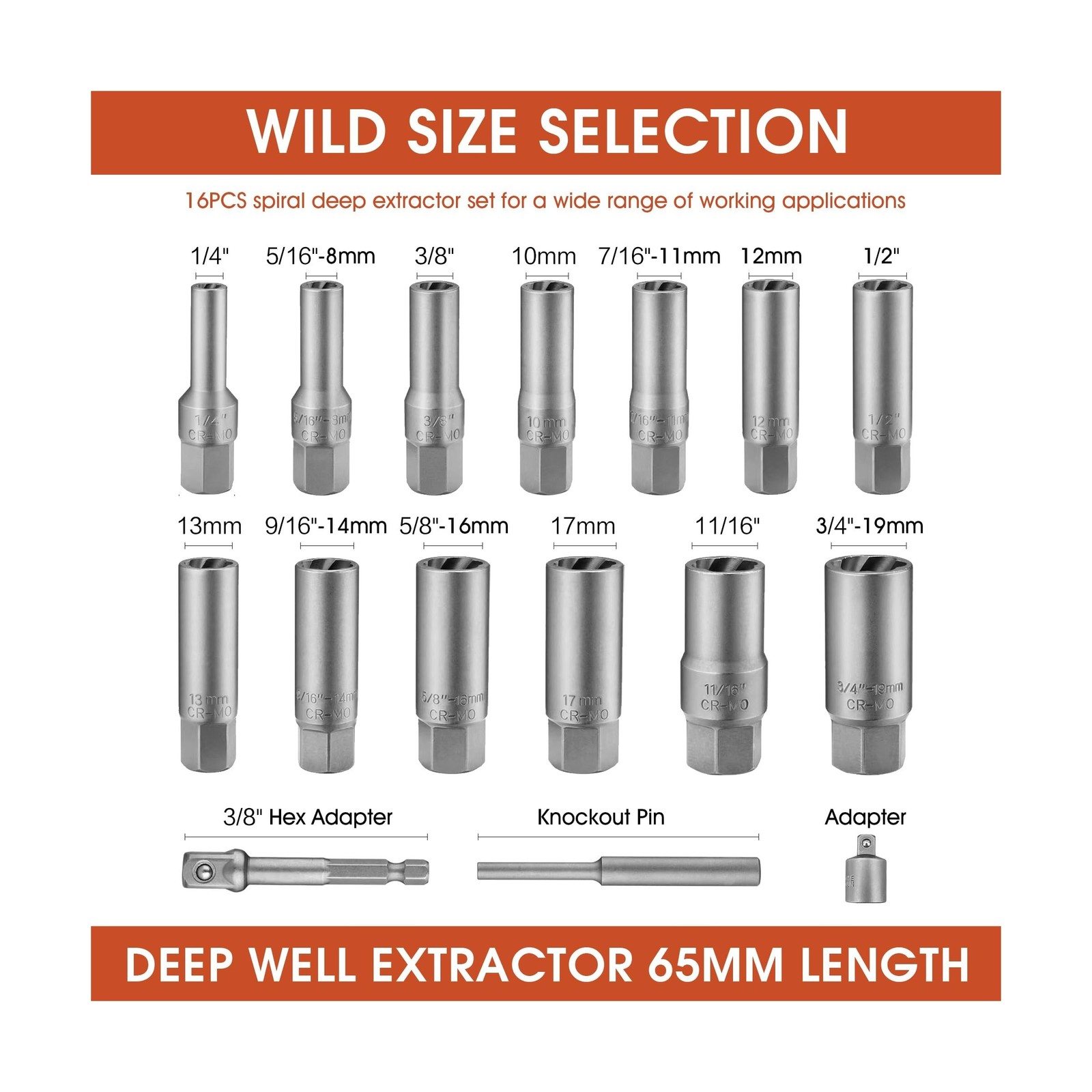 16PCS 3/8" Drive Deep Impact Bolt Extractor Set, Wheel Lock Rem... FAST USA SHIP