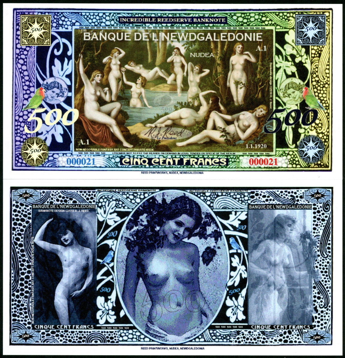 BANQUE DE L'NEWDGALEDONIE 500 FRANCS BATHING NAKED NUDE LADIES FANTASY ART NOTE!