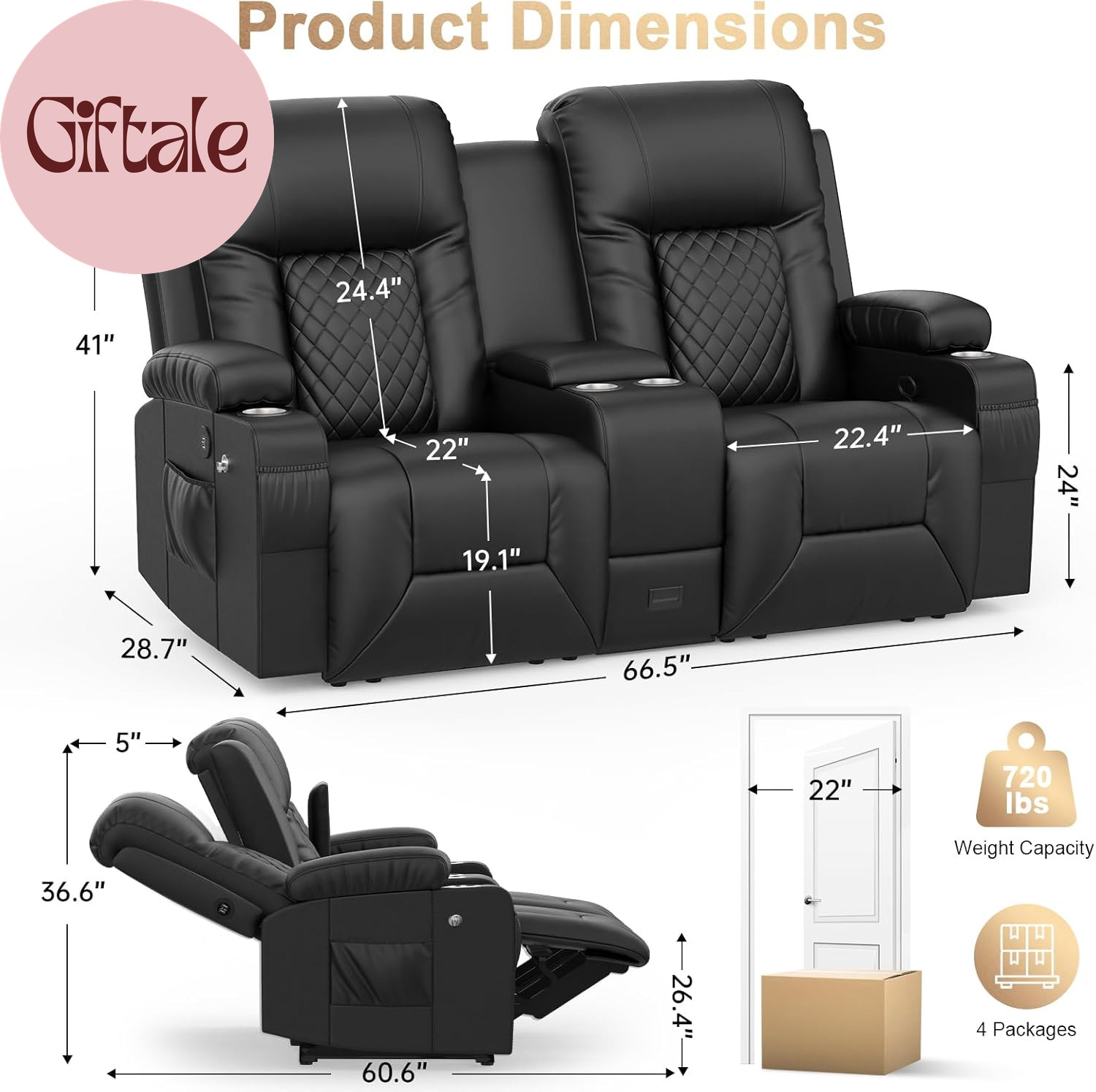 Loveseat Recliner Sofa, Home Theater Seating with Center Console, Reclining Love