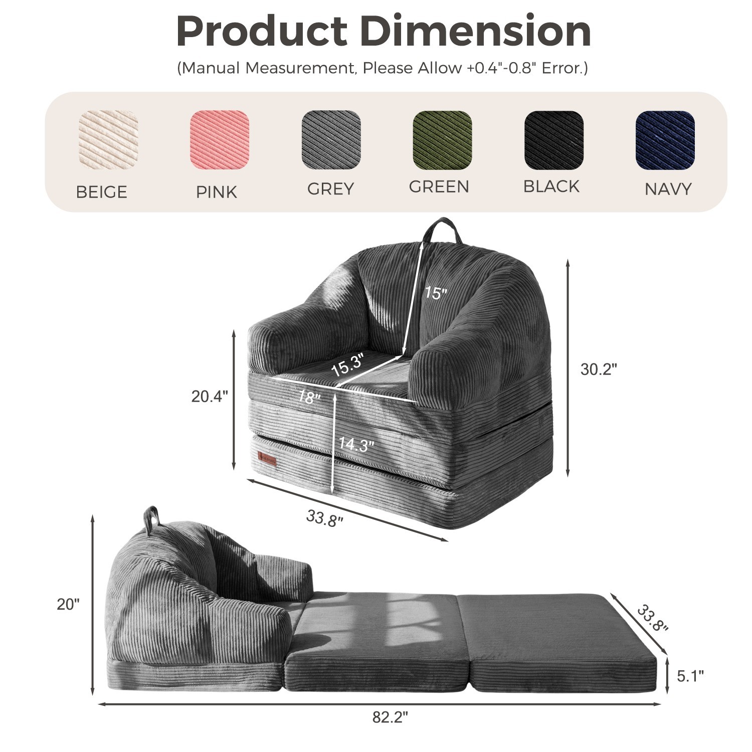 MAXYOYO Folding Sofa Bed,2-in-1 Sleeper Sofa, Bean Bag Chair with Armrests