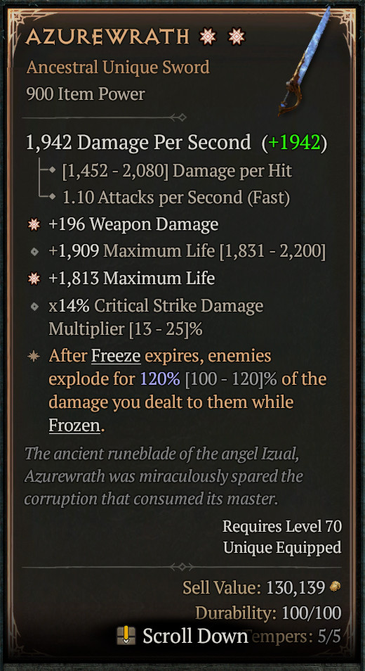 😈 DIABLO 4 SEASON 14 😈 Azurewrath 🔥 Ancestral Unique Sword 🔥 0-4 GA