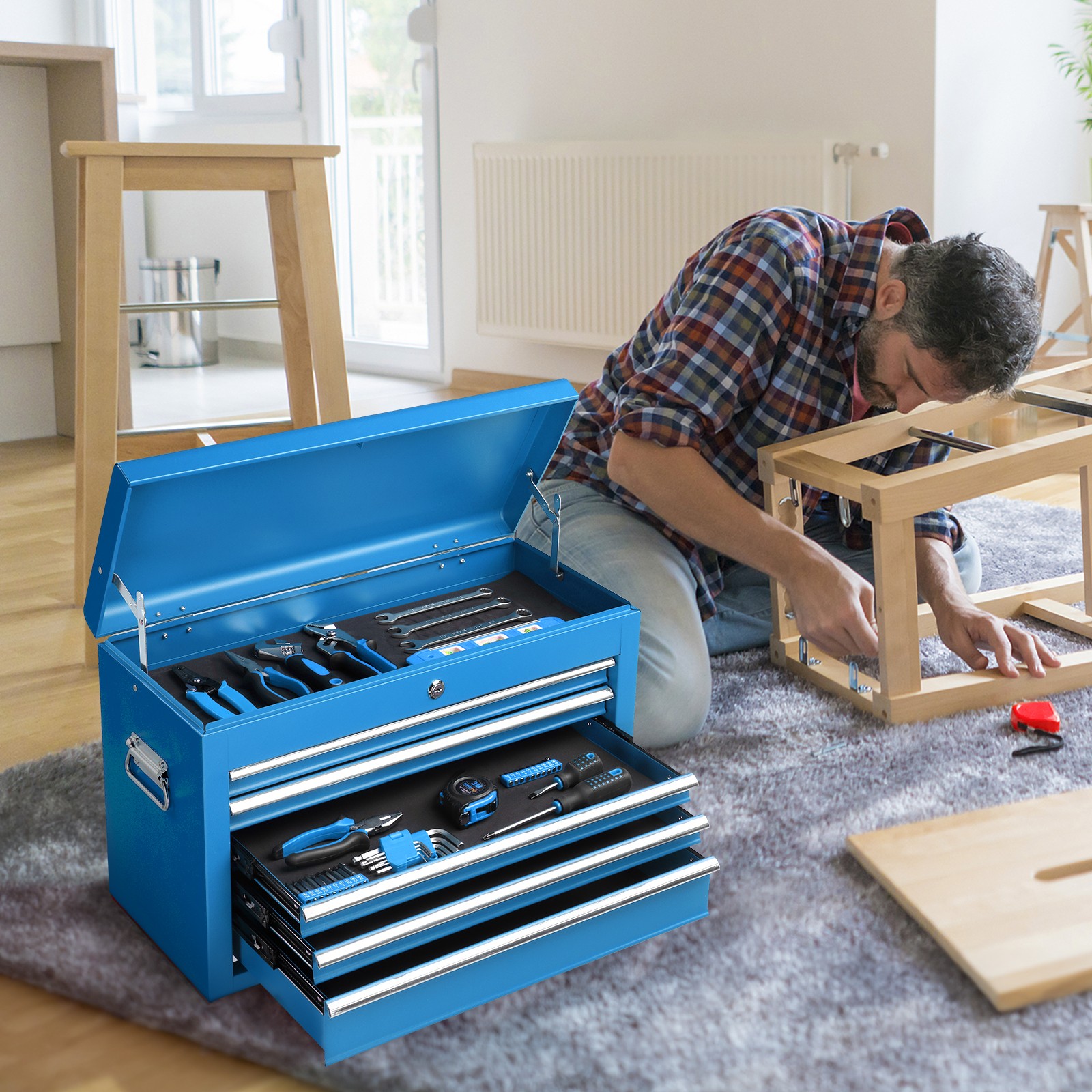 Blue Tool Chest Steel Tool Storage Box with 5 Drawers & Locking System & Keys