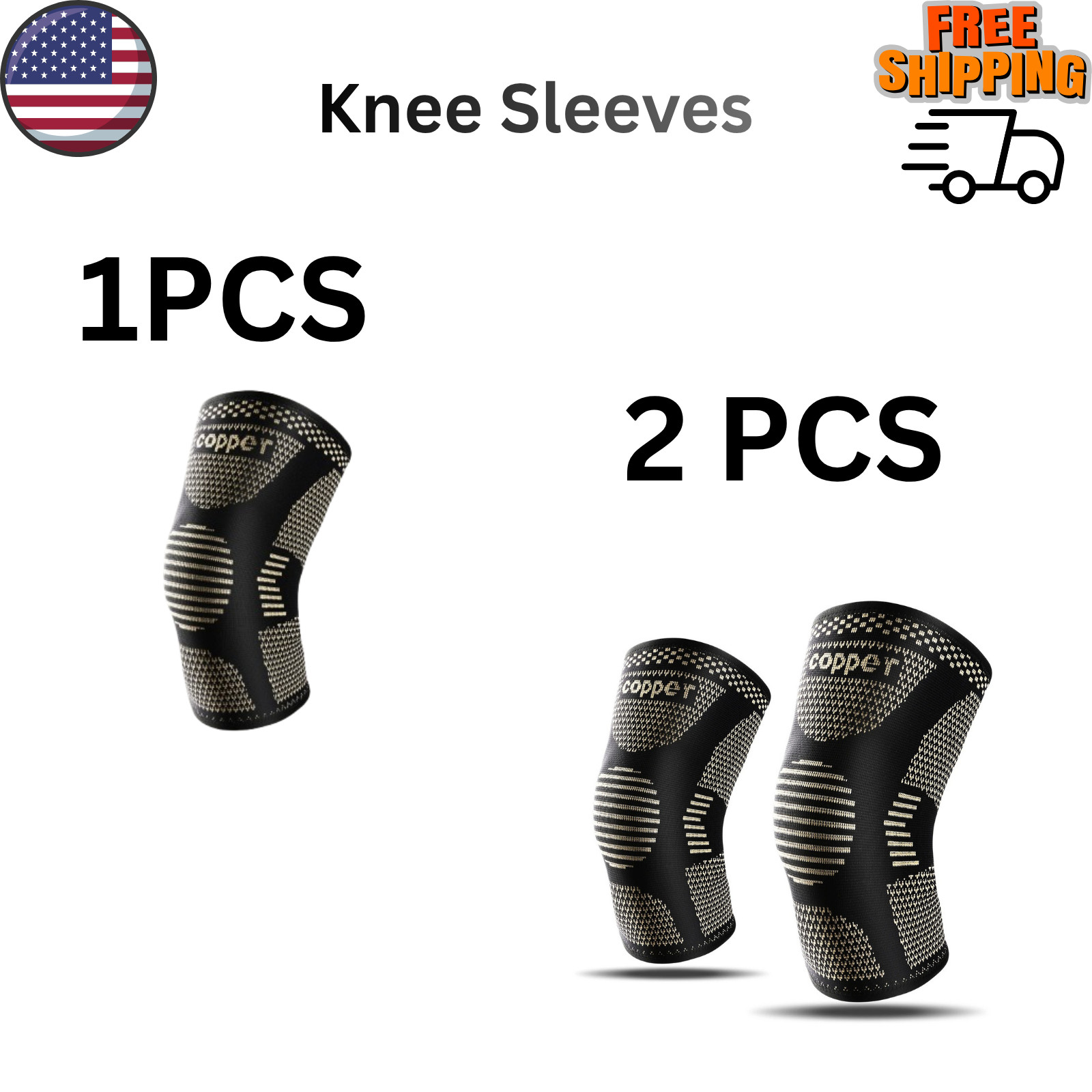 2x Knee Sleeves Copper Compression Brace Support Sport Joint Injury Pain Relief