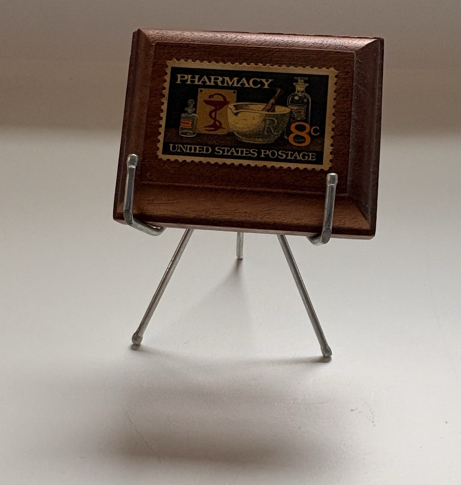 Handmade Framed 8 Cent U.S. Postage Stamp Pharmacy 1972 on miniature easel