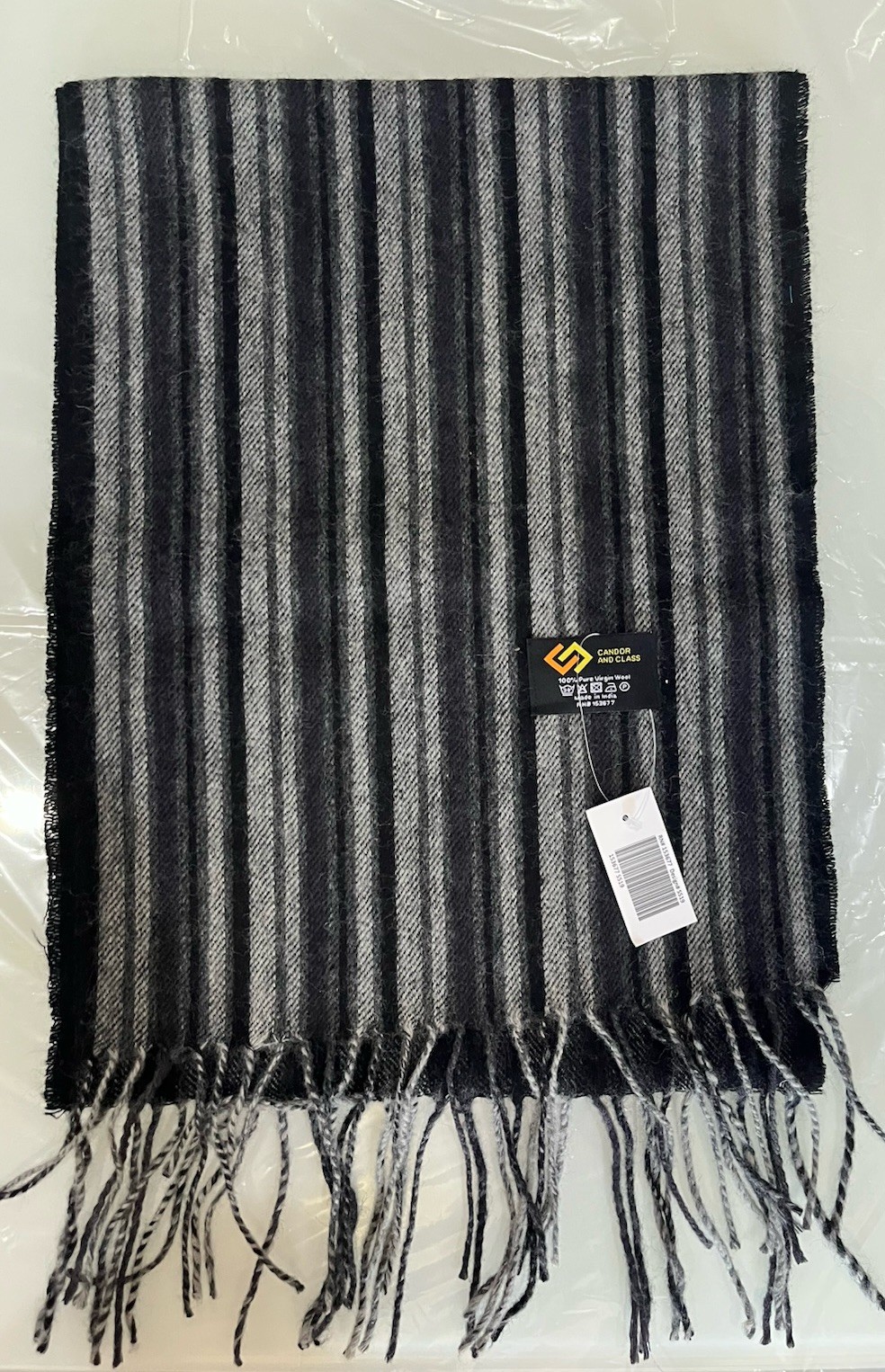 NWT Candor & Class Mens  Black Grey Vertical Stripe Scarf  100% Pure Virgin Wool