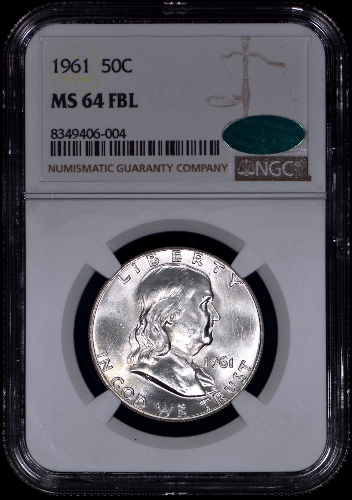 1961 Franklin Half Dollar 50c MS64 FBL CAC - White Coin! - Tough in 65!