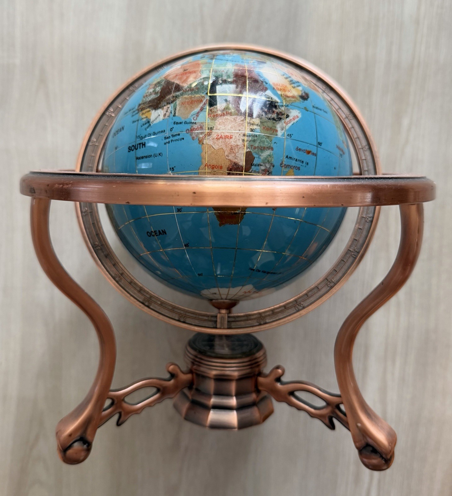 Semi-Precious Gemstone Inlaid Globe w/ Brass Stand & Compass 10”