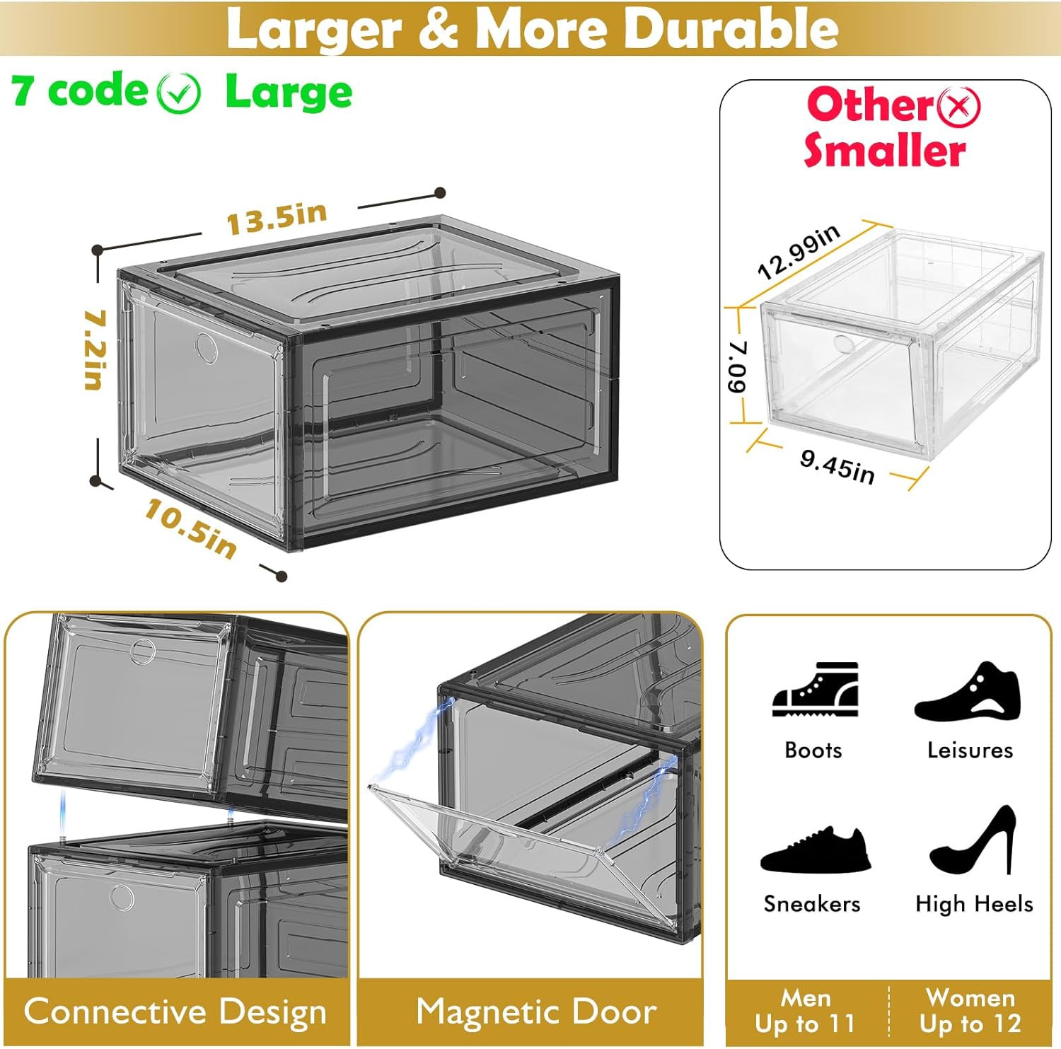 Stackable Clear Shoe Storage Organizer with Magnetic Door, 6 Pack, Black
