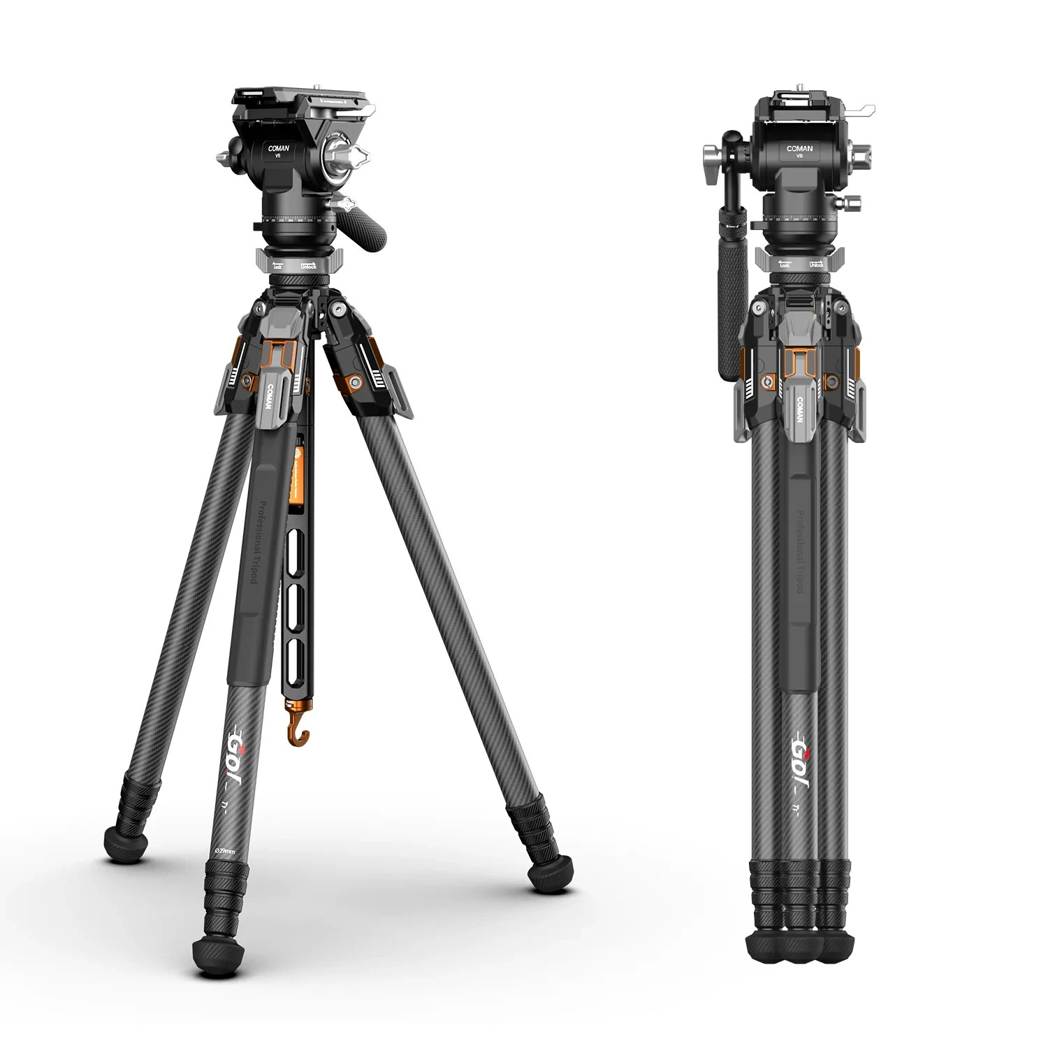 COMAN T1SV5 Snap-Open Carbon Fiber Tripod 68.9" Camera Fluid Video Head Support