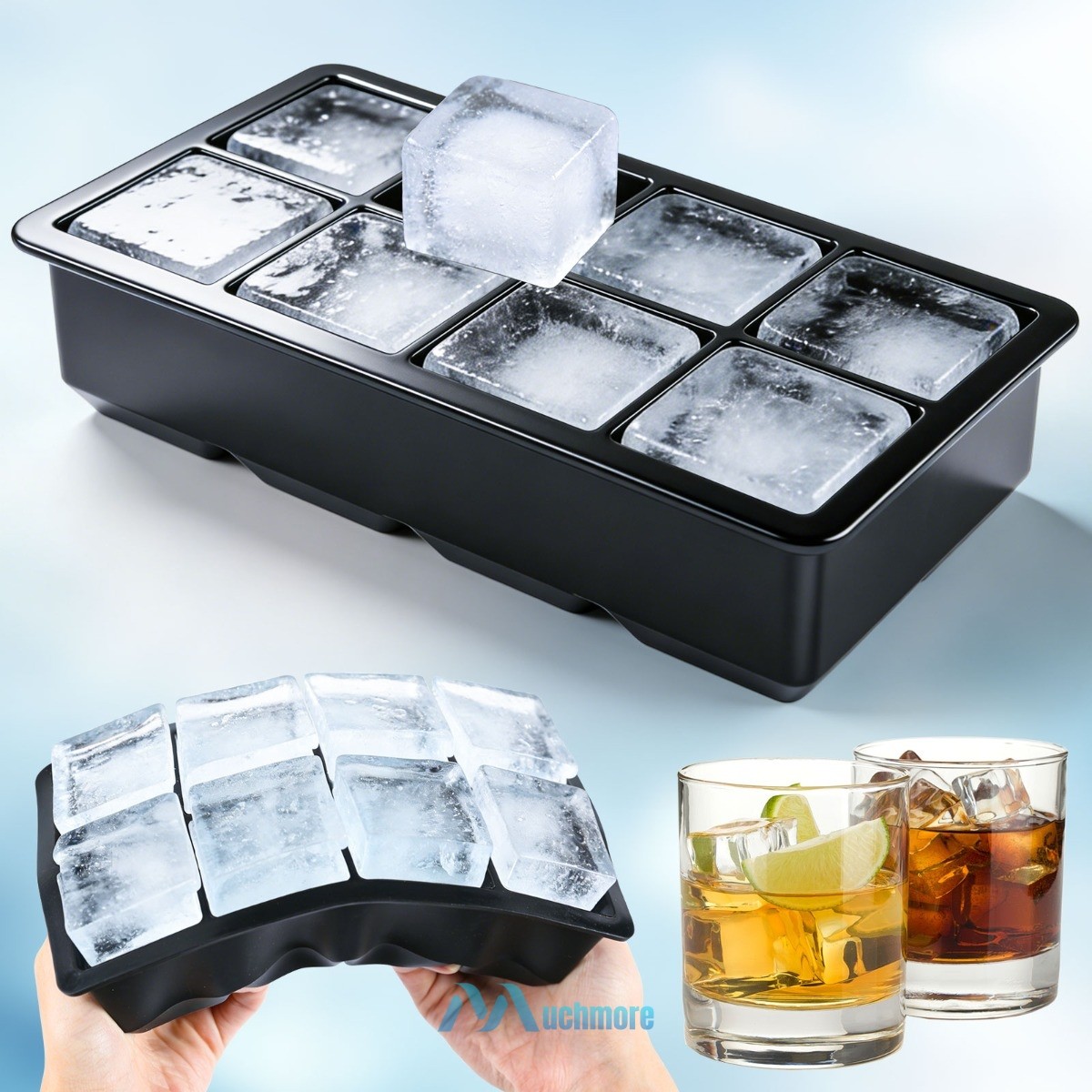 Large Ice Cube Molds 8 Grid, Silicone Ice Cube Tray with Lid for Freezer Whiskey
